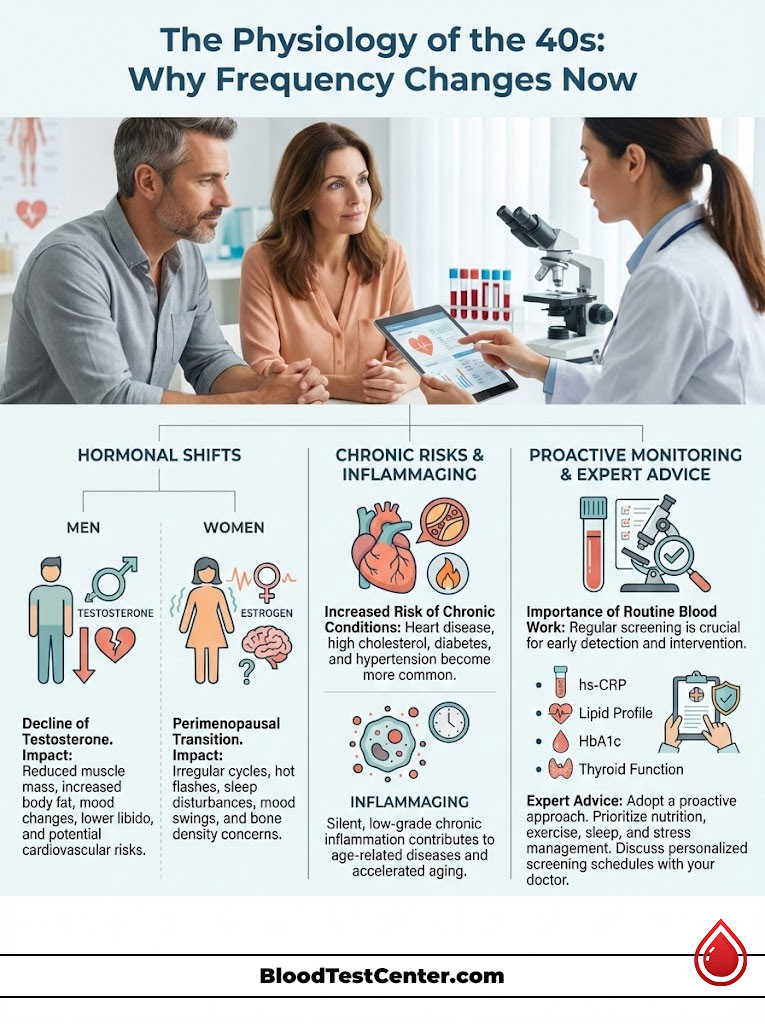 Infographic showing hormonal shifts, chronic risks, and monitoring for health in the 40s with illustrations and data points.