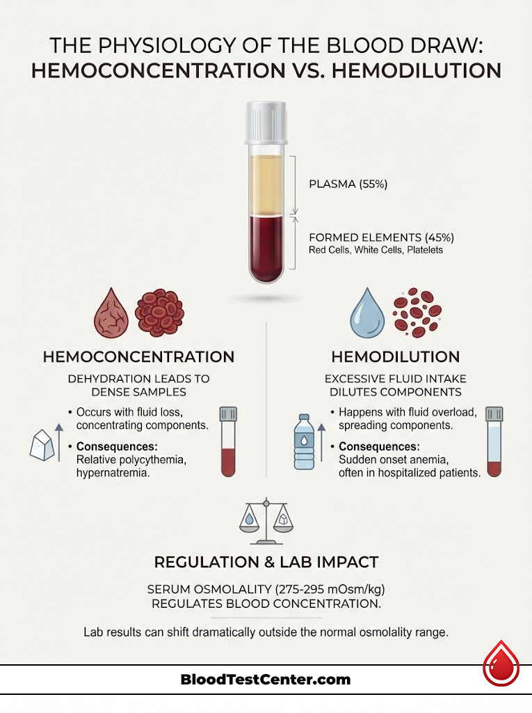 Infographic comparing hemoconcentration and hemodilution with blood draw physiology, featuring charts and icons.