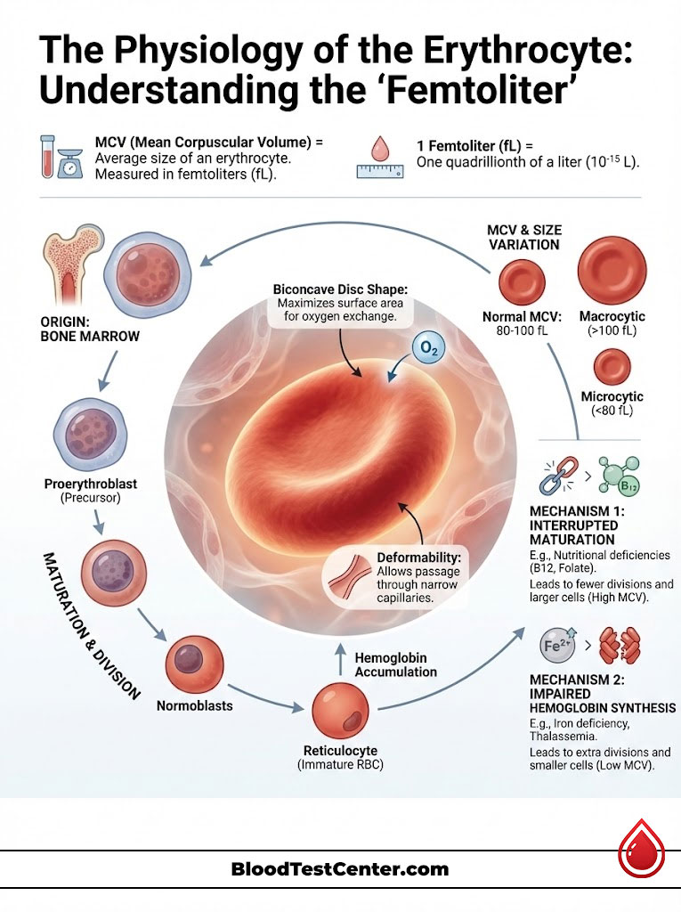Infographic explaining erythrocyte physiology, including MCV, cell types, and maturation processes with illustrations.