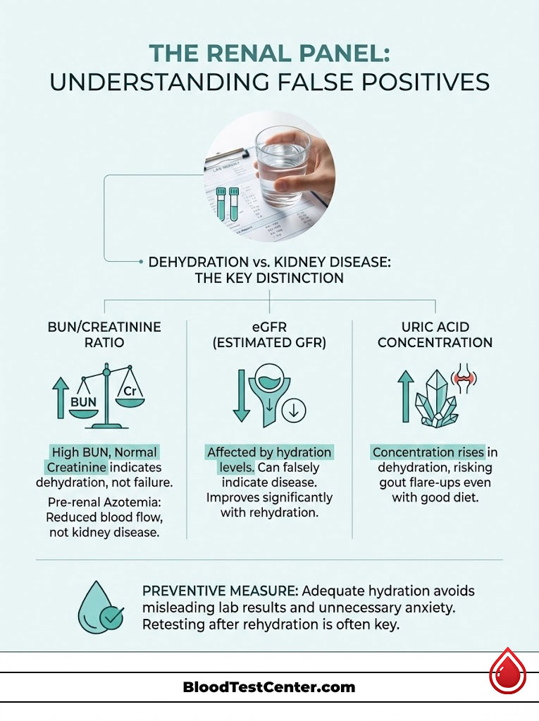 Infographic explaining the renal panel and false positives, highlighting dehydration vs. kidney disease distinctions.