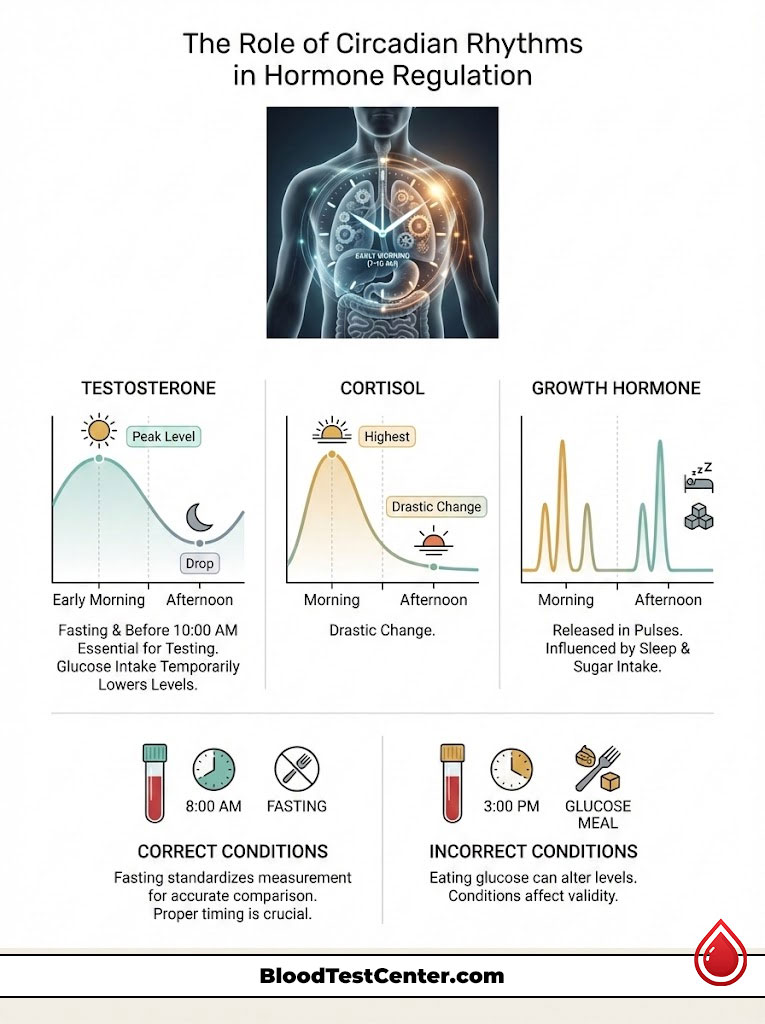 Infographic showing circadian rhythms' effects on testosterone, cortisol, and growth hormone levels with charts and icons.