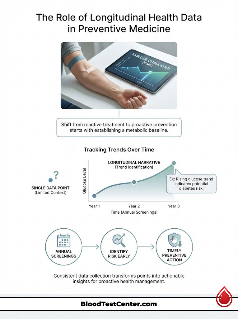Infographic showing the role of longitudinal health data in preventive medicine, featuring glucose trend analysis and annual screenings.