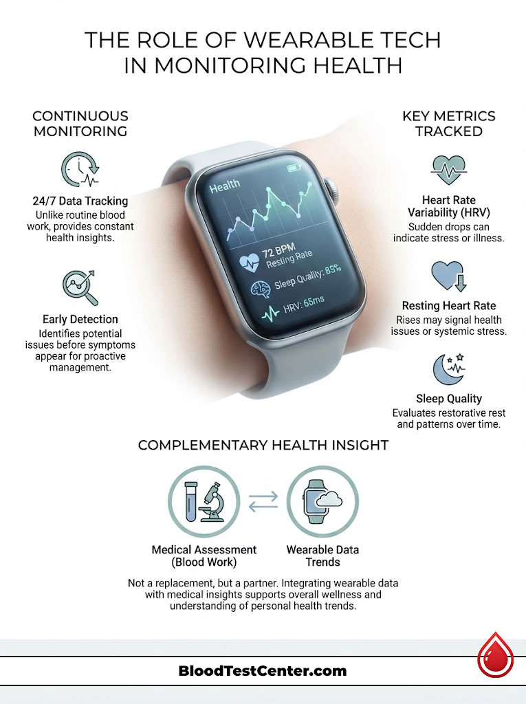 Infographic showing wearable tech's role in health monitoring with metrics like heart rate and sleep quality.