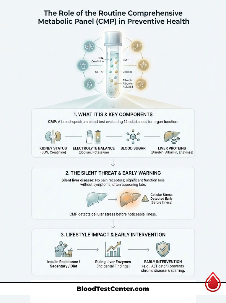 Infographic illustrating the Comprehensive Metabolic Panel (CMP) and its role in preventive health, including key components and lifestyle impacts.