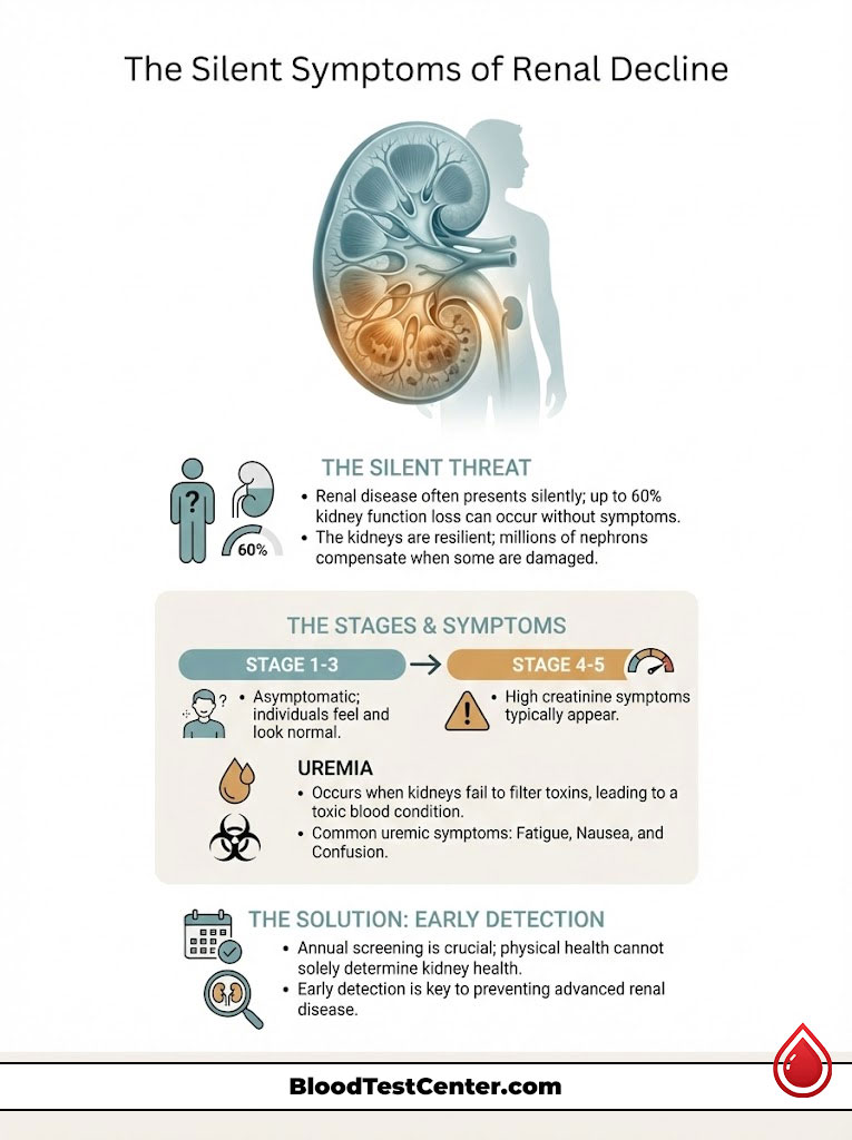 Infographic showing silent symptoms of renal decline, kidney function loss, stages, and early detection solutions.