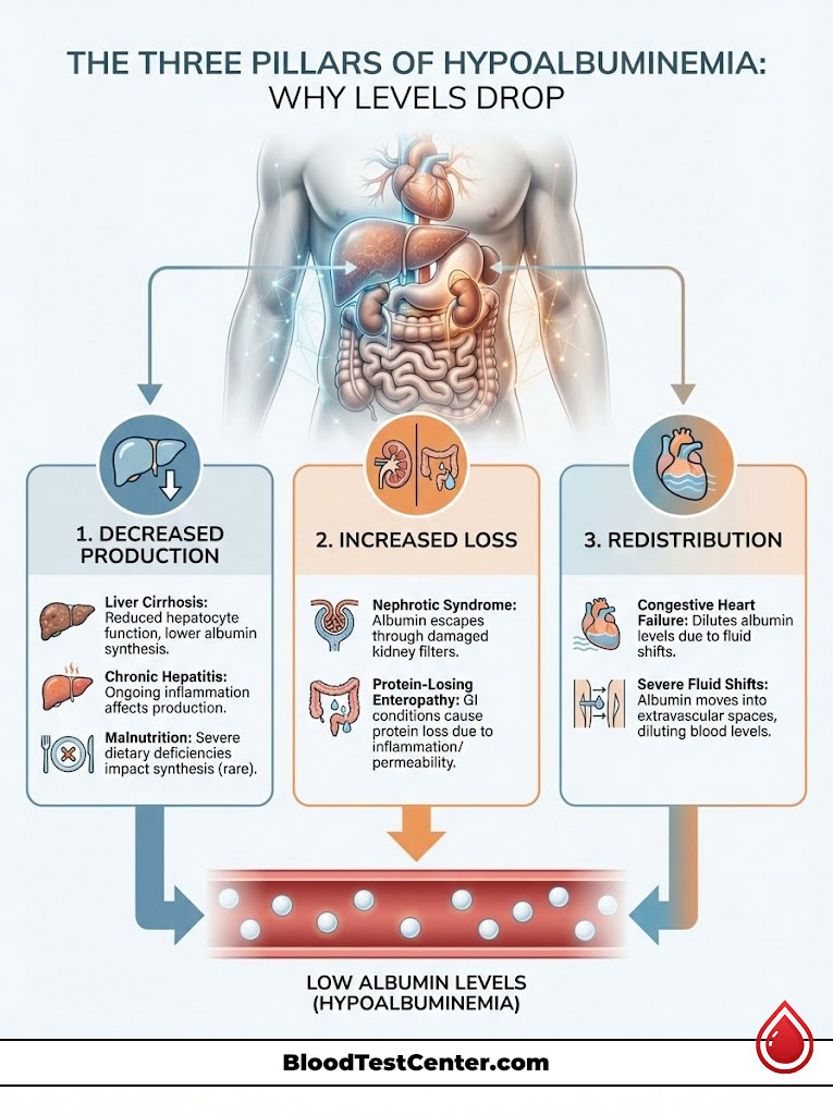 Infographic explaining hypoproteinemia causes with illustrations of organs and key points on albumin levels.