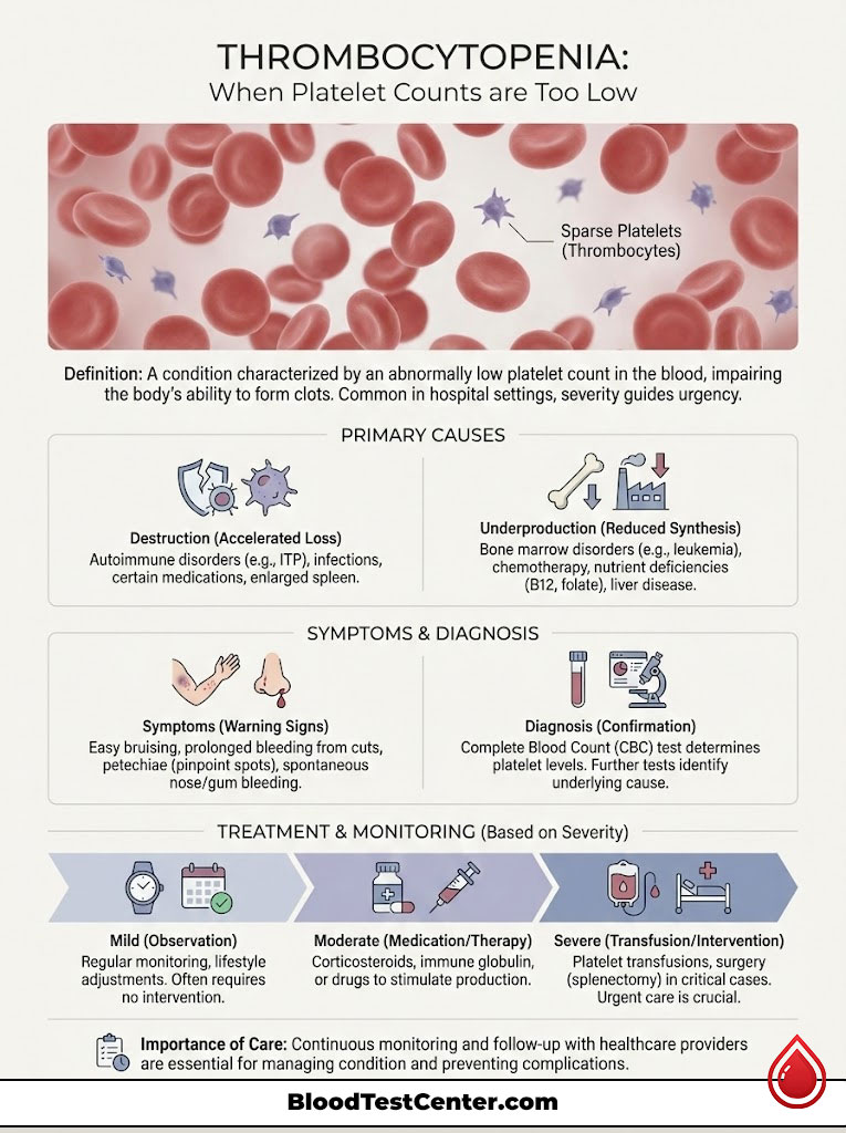 Infographic on thrombocytopenia with blood cells, causes, symptoms, and treatment options displayed.