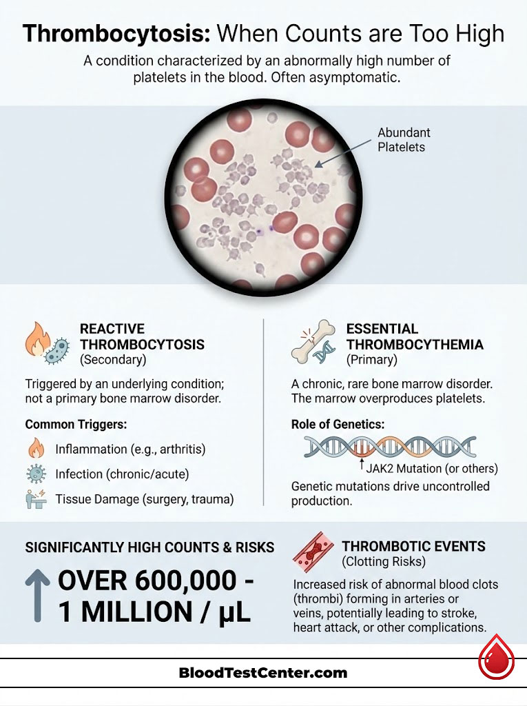 Infographic explaining thrombocytosis with images of blood platelets, triggers, risks, and genetic factors.