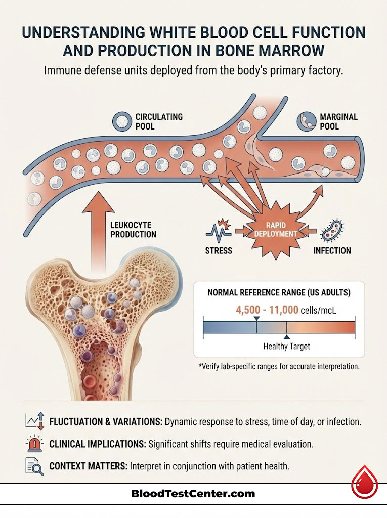 Infographic illustrating white blood cell function and production in bone marrow, showing circulating pool and rapid deployment.