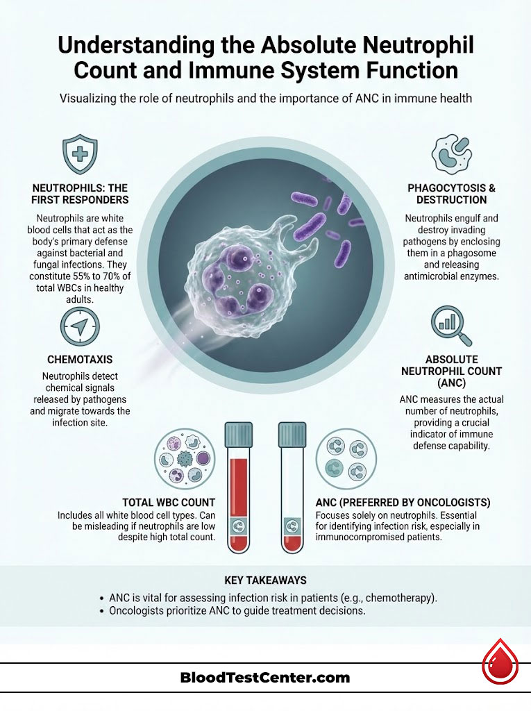 Infographic explaining neutrophils, their role in immune health, and the importance of ANC with illustrations and data.