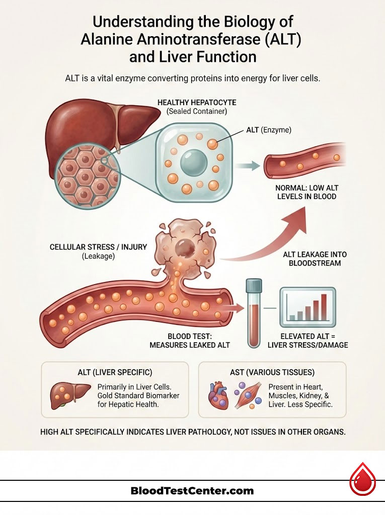 Infographic explaining ALT enzyme function, liver health, and blood test indicators with illustrations and data.