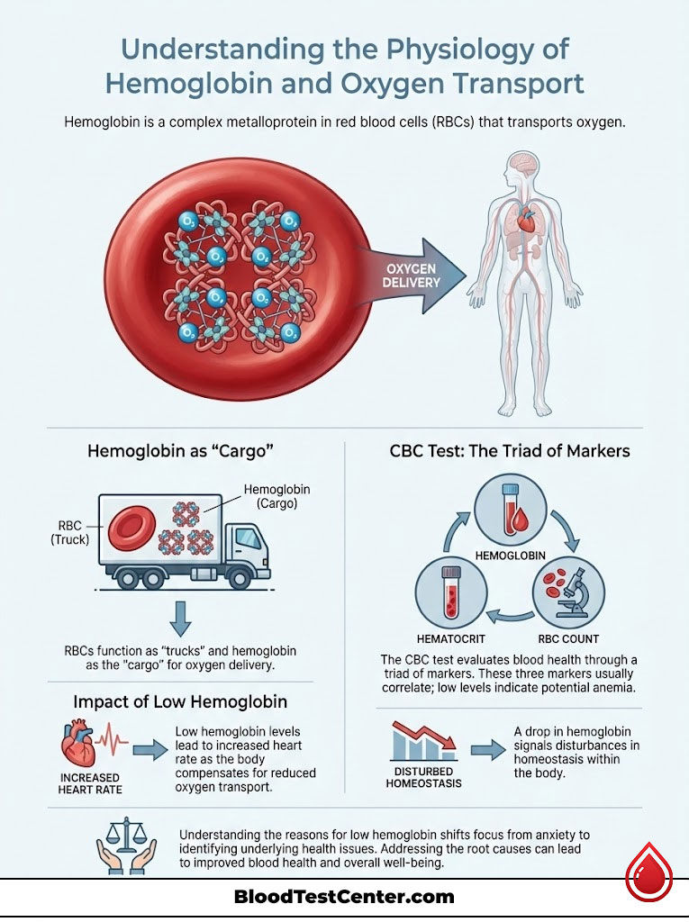 Infographic explaining hemoglobin's role in oxygen transport, featuring diagrams of red blood cells and related health impacts.