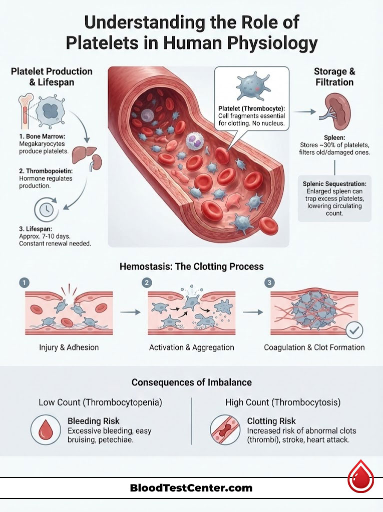 Infographic explaining platelet production, lifespan, hemostasis, and consequences of imbalance in human physiology.