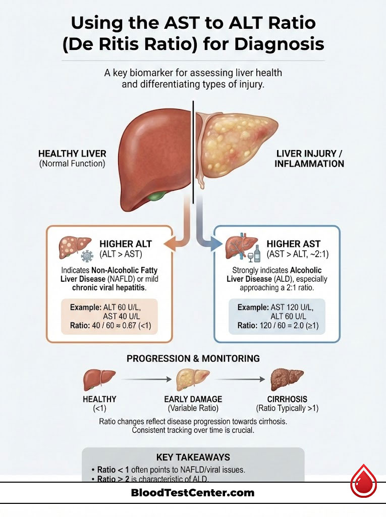 Infographic illustrating the AST to ALT ratio for liver diagnosis, showing healthy liver and liver injury images, key data, and takeaways.