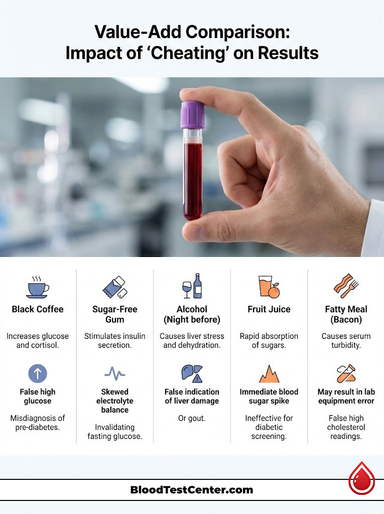 Infographic comparing the impact of cheating on blood test results with icons and data for various substances.