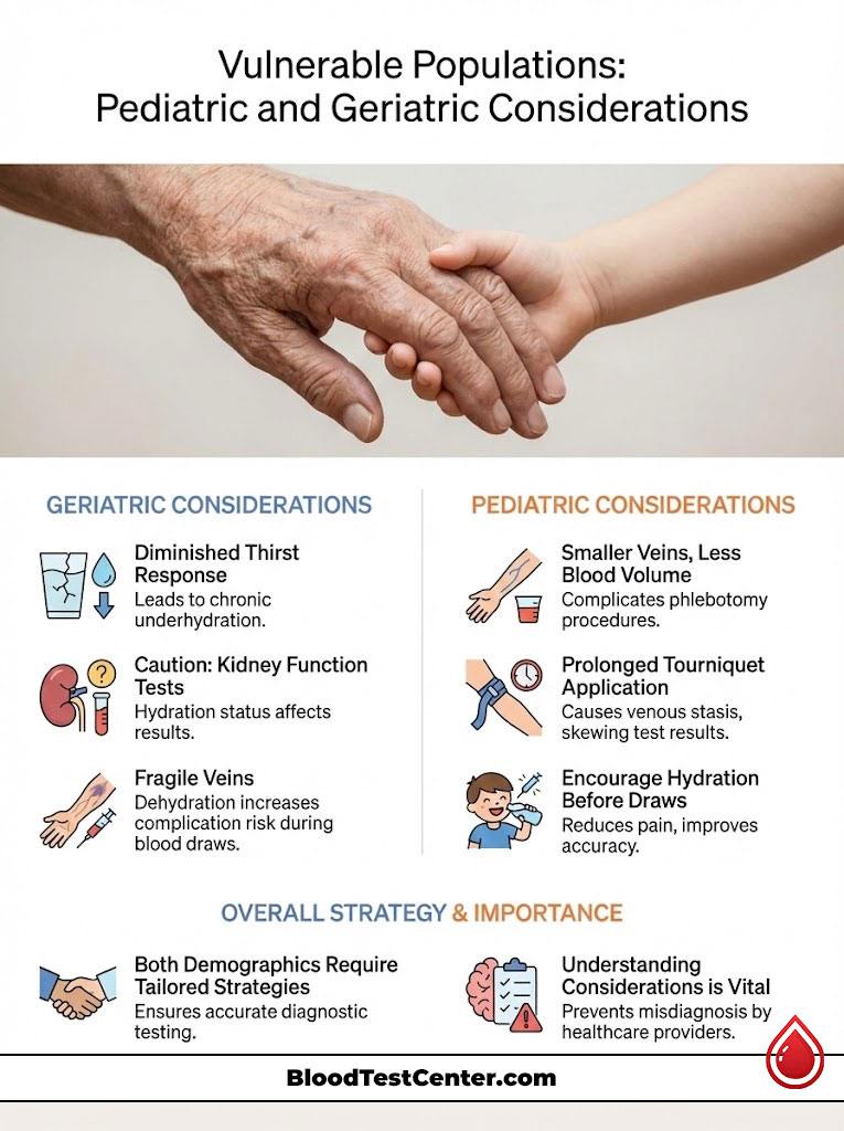 Hands of an elderly person and a child clasping together with text on pediatric and geriatric considerations for blood tests.