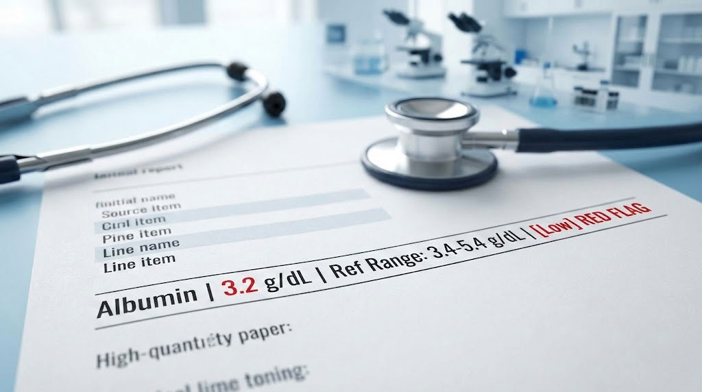A medical report showing albumin level of 3.2 g/dL with a stethoscope on a table in a clinical setting.