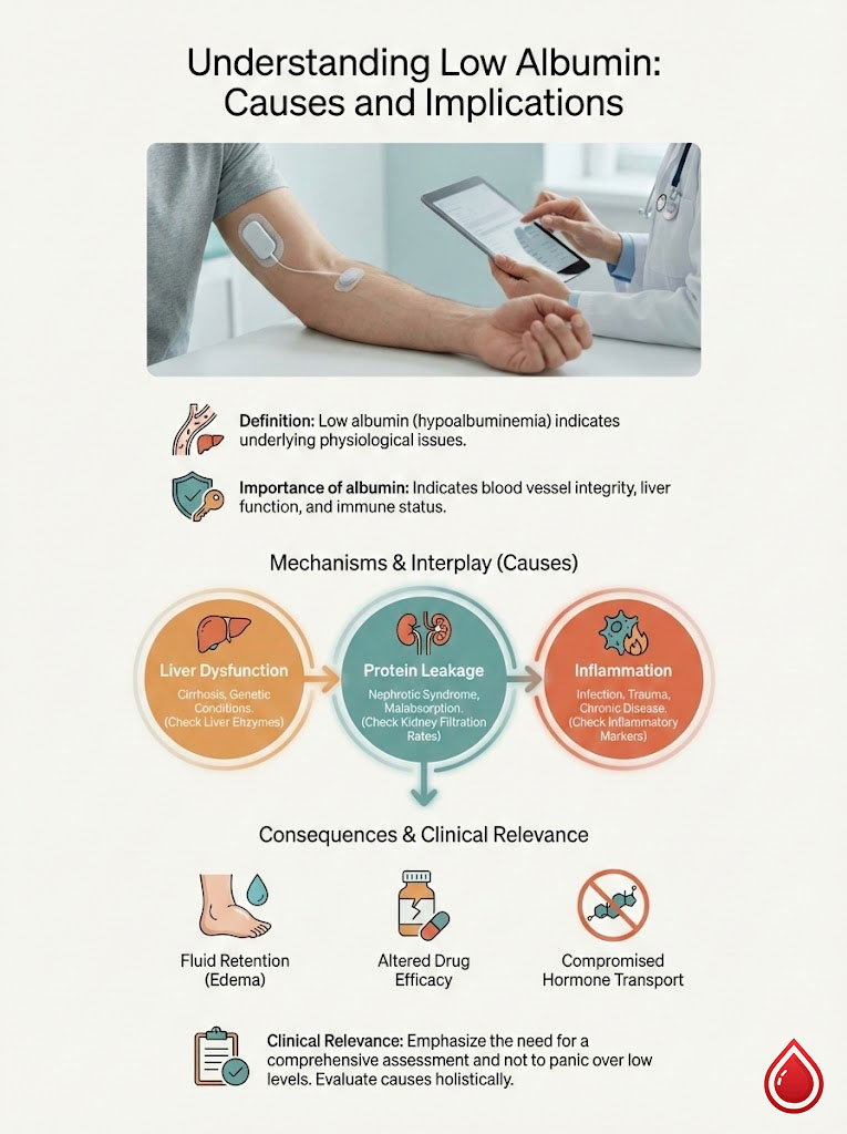 Infographic explaining low albumin causes, implications, and clinical relevance with icons and text.