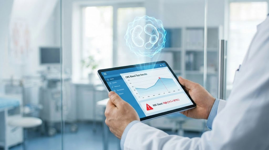 A doctor holds a tablet displaying a blood test report with a warning about high WBC count in a medical setting.