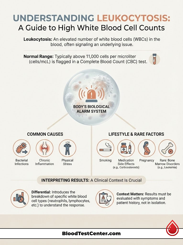 Infographic explaining leukocytosis with definitions, causes, and interpretation of results, featuring icons and illustrations.