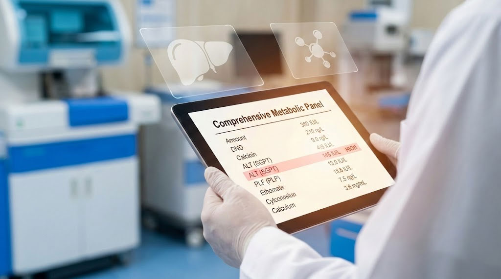 A healthcare professional reviews a comprehensive metabolic panel on a tablet in a lab setting.