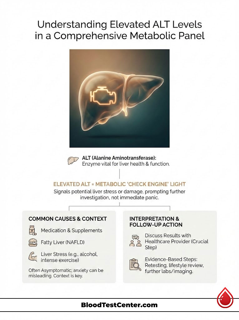 Infographic explaining elevated ALT levels in a metabolic panel, featuring liver icon and key causes, interpretation, and actions.