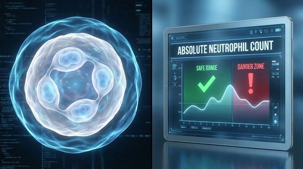 A digital illustration of a cell and a health monitor displaying absolute neutrophil count data.