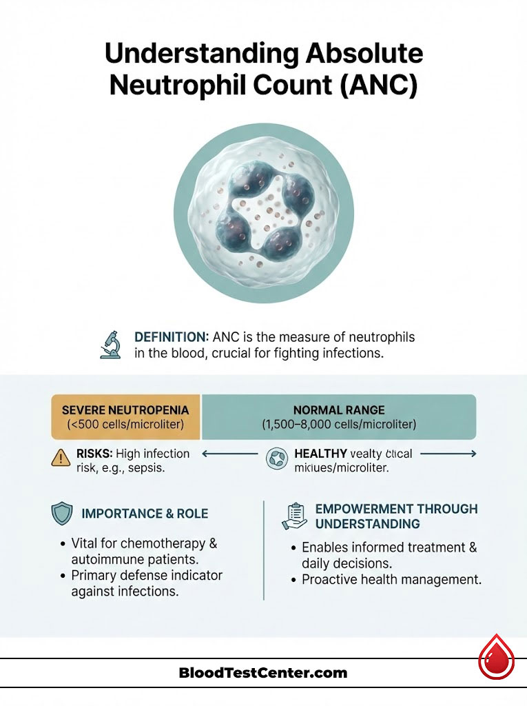 Infographic explaining Absolute Neutrophil Count (ANC) with definitions, risks, and importance for health management.