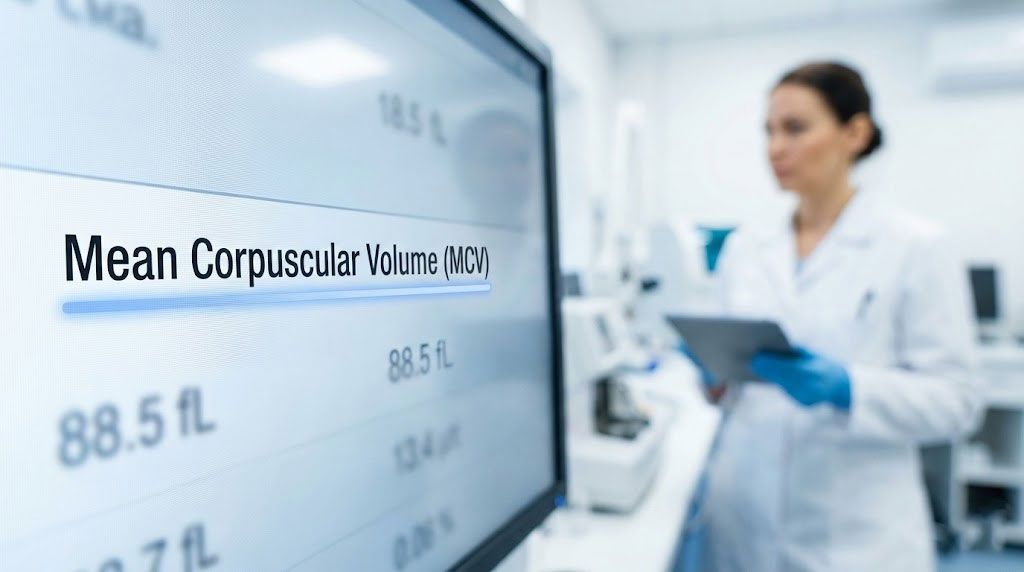 A lab technician in a white coat examines a screen displaying Mean Corpuscular Volume (MCV) data.