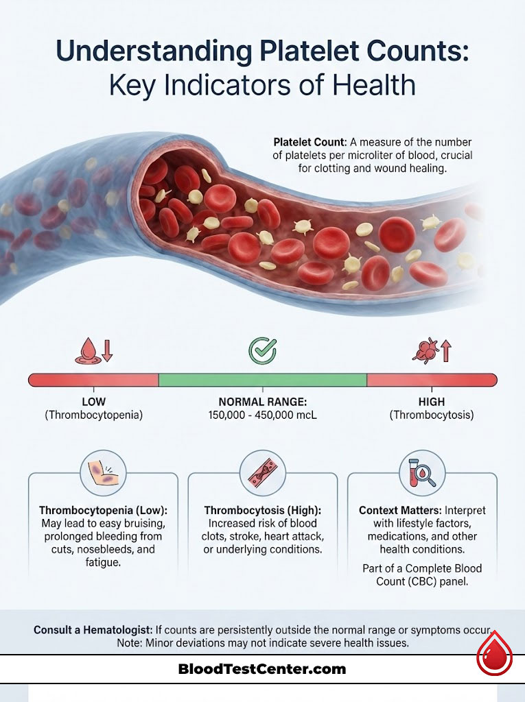 Infographic explaining platelet counts, including low and high levels, their implications, and health context.