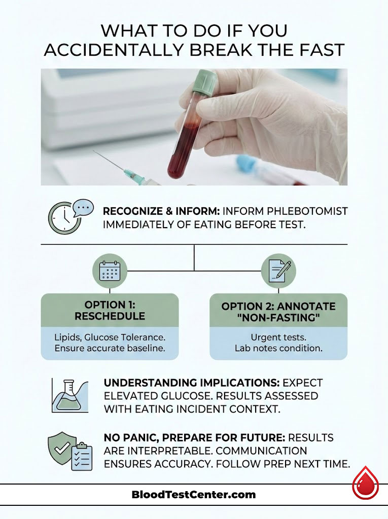 Infographic detailing steps to take if fasting is broken before a blood test, with options and implications outlined.
