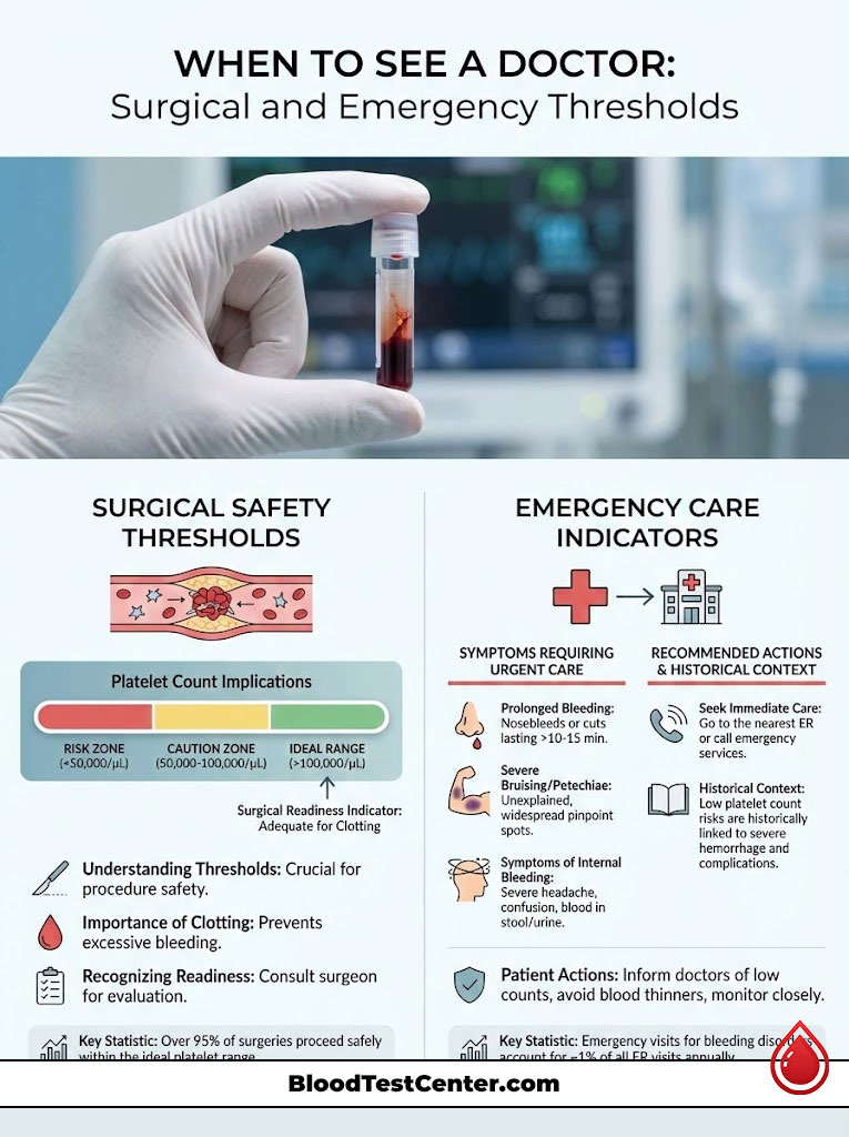 Infographic explaining when to see a doctor, detailing surgical safety thresholds and emergency care indicators.