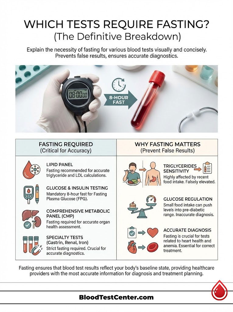 Infographic explaining fasting requirements for blood tests, including charts and icons for accuracy.