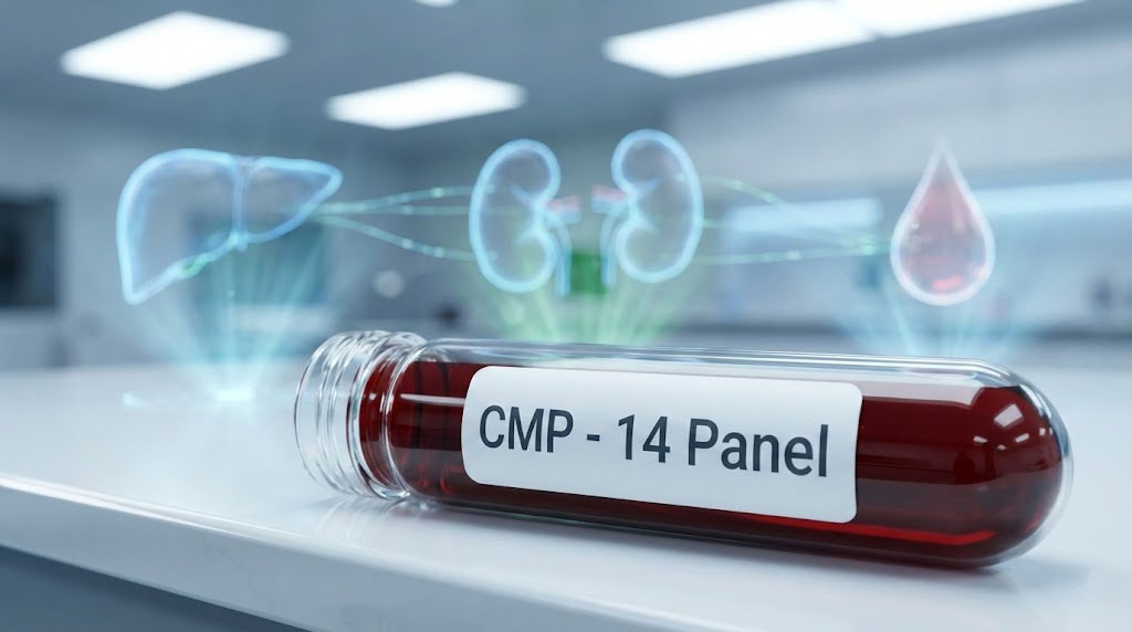A test tube labeled CMP-14 Panel with red liquid on a lab table, featuring holographic organs in the background.