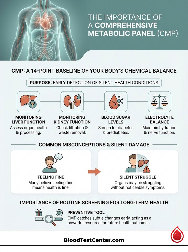 Infographic illustrating the importance of a Comprehensive Metabolic Panel (CMP) with key functions and misconceptions.